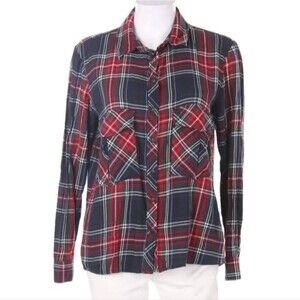 Zara Woman Premium Denim Flannel Plaid Snap Closure Roll Up Sleeve Women's XS